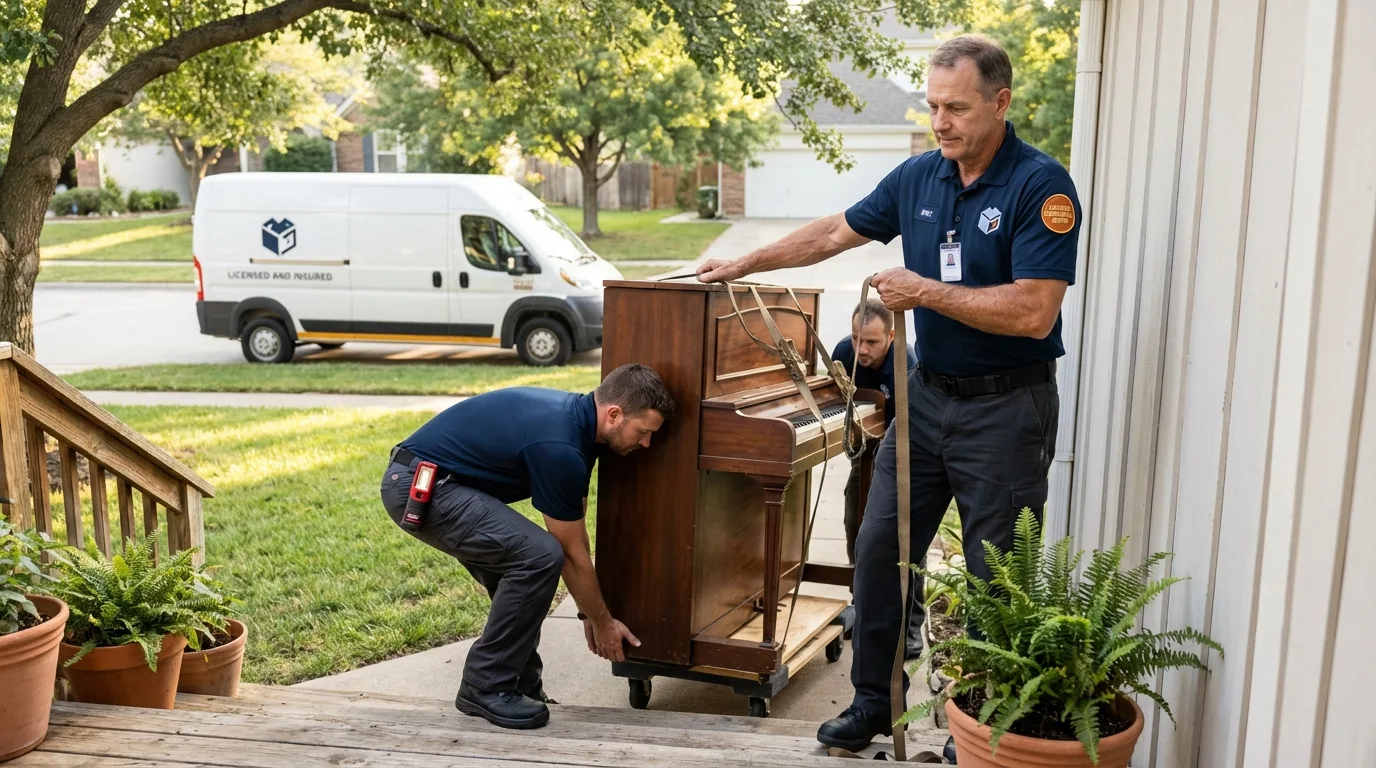 Licensed piano movers securing grand piano in Chouteau, OK