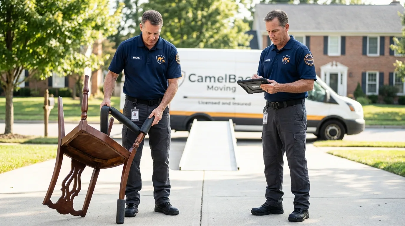 Movers inspecting furniture for damage prevention before loading in Chouteau, OK