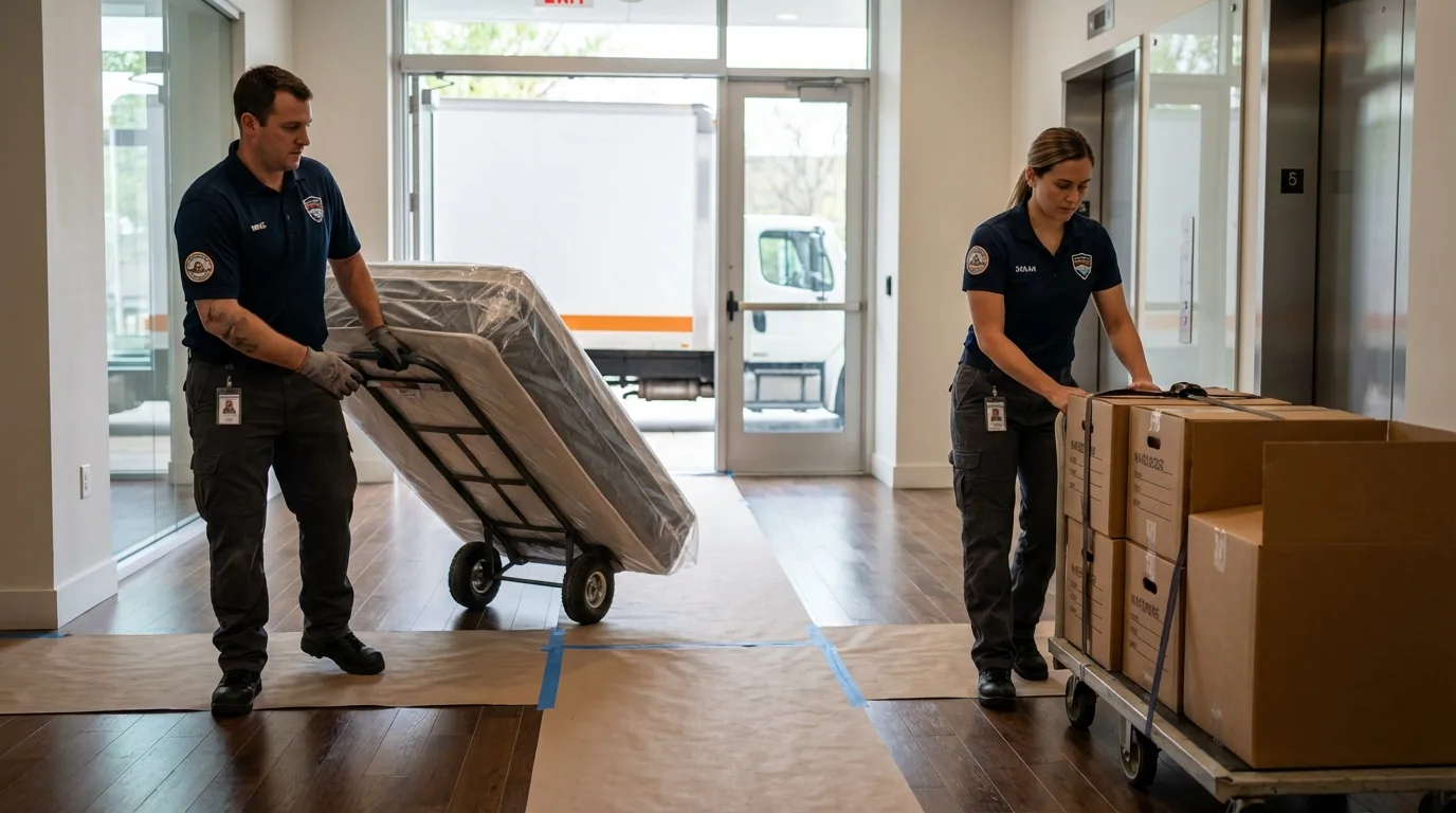 Professional apartment movers loading elevator in Chouteau, OK