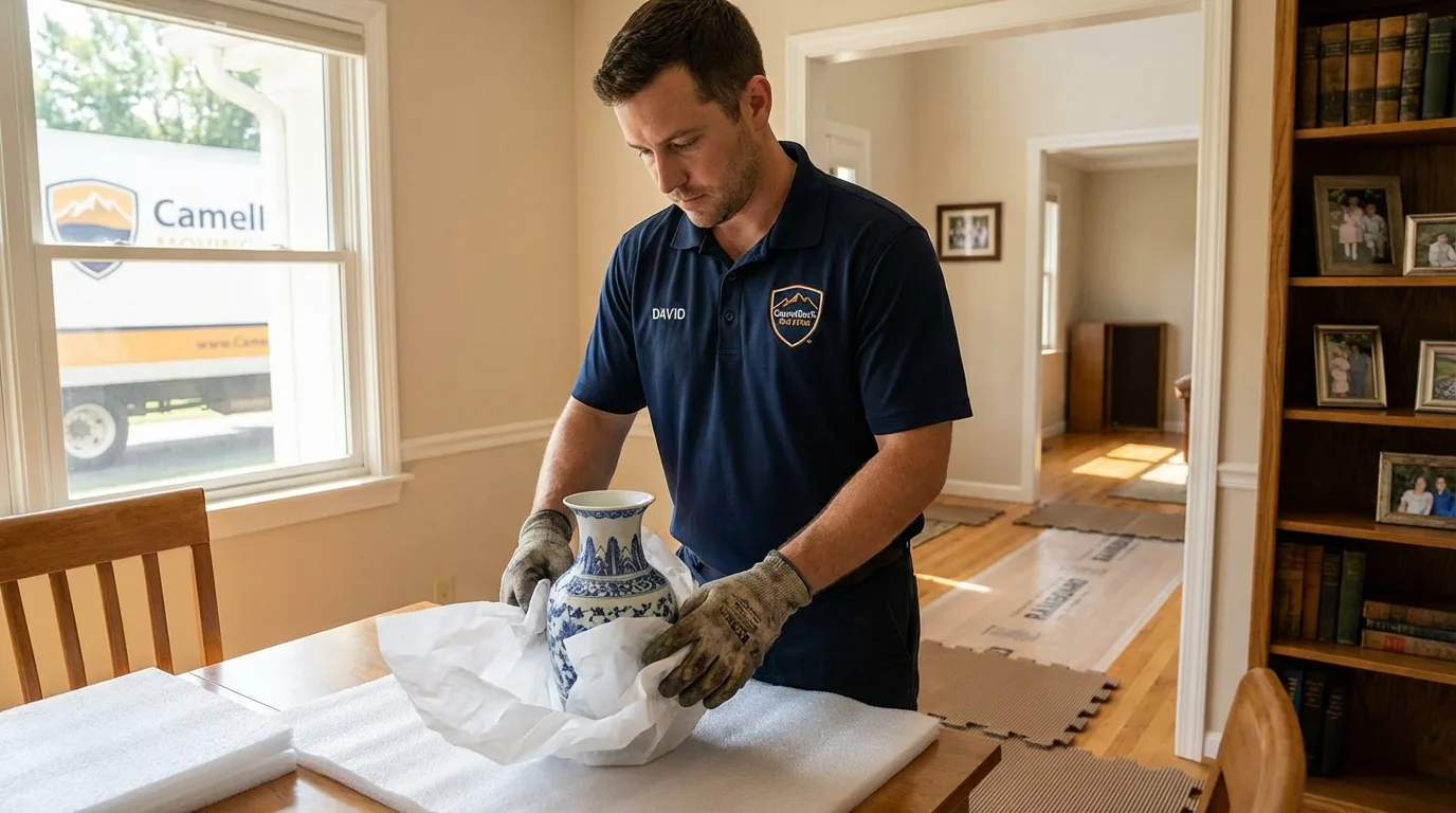 Professional crew carefully wrapping antique vase for senior downsizing move in Chouteau, OK